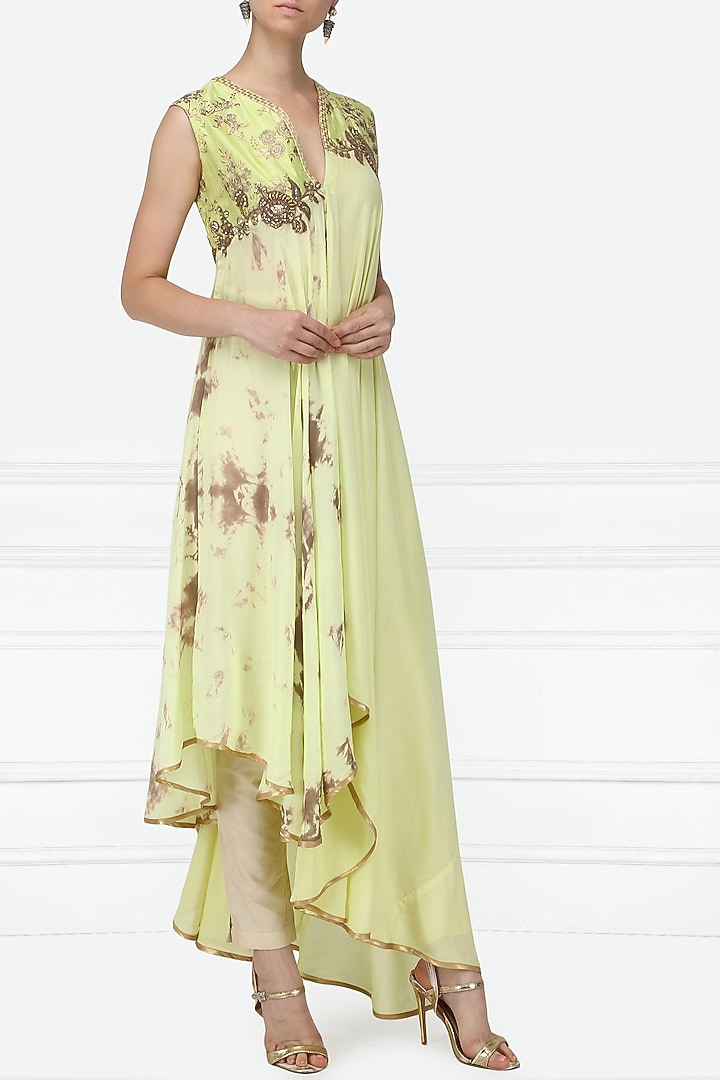 Mint green embroidered asymmetrical tunic with straight pants available only at Pernia's Pop Up Shop.