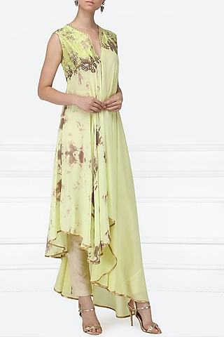 Mint Green Embroidered Asymmetrical Tunic with Straight Pants by EAU