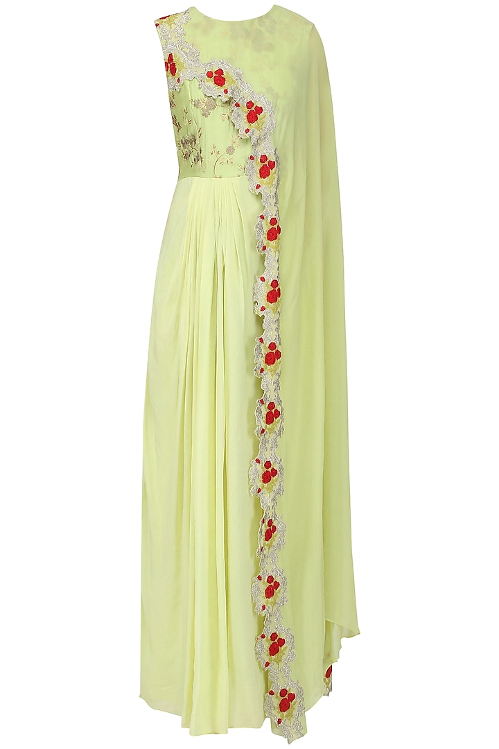 Mint Green Anarkali Gown with Embroidered Drape Dupatta by EAU