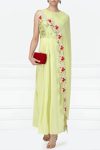 Mint Green Anarkali Gown with Embroidered Drape Dupatta by EAU
