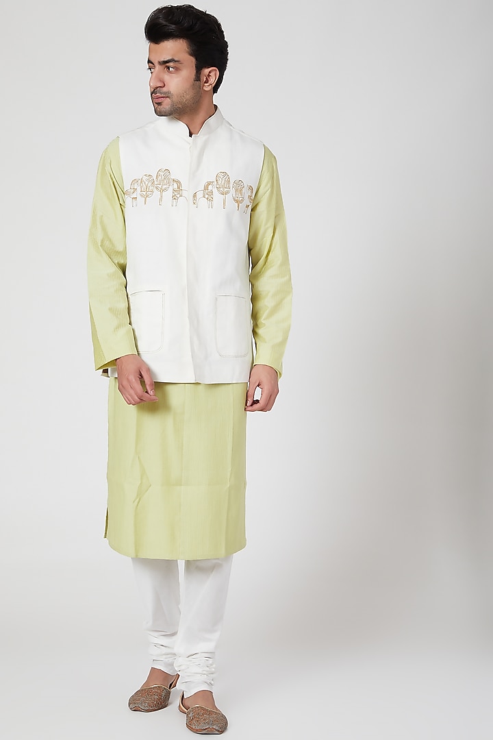 White Linen Embroidered Jacket by Ekam by Manish Gupta