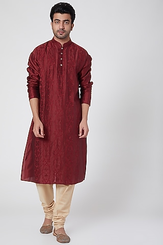 Burgundy & Beige Kurta Set by Ekam by Manish Gupta