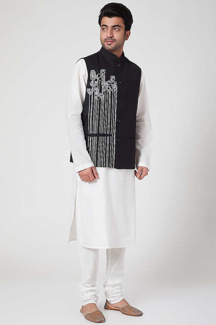 Black Embroidered Linen Jacket by Ekam by Manish Gupta