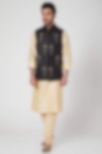 Black Linen Floral Embroidered Bundi Jacket by Ekam by Manish Gupta at Pernia's Pop Up Shop