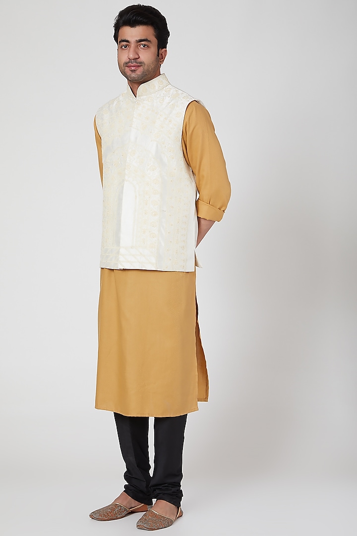 White Embroidered Raw Silk Jacket by Ekam by Manish Gupta