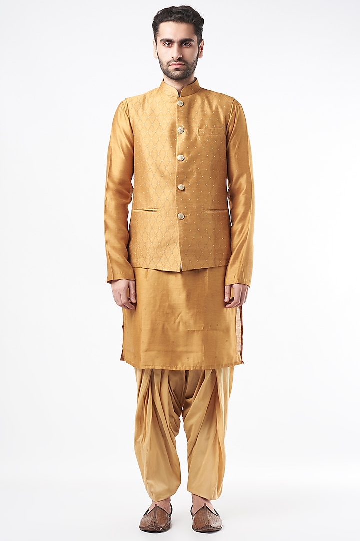 Gold Kurta Set With Bundi Jacket by Ekam by Manish Gupta