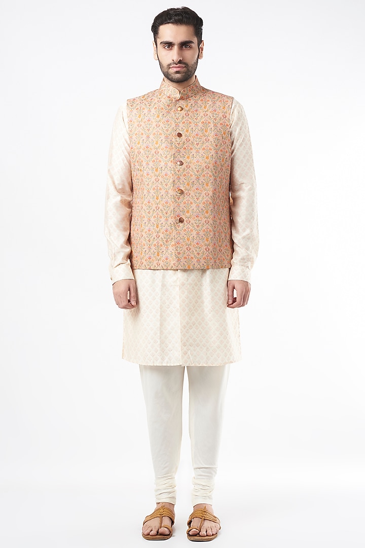 Peach Blended Linen Printed Bundi Jacket Set by Ekam by Manish Gupta at Pernia's Pop Up Shop