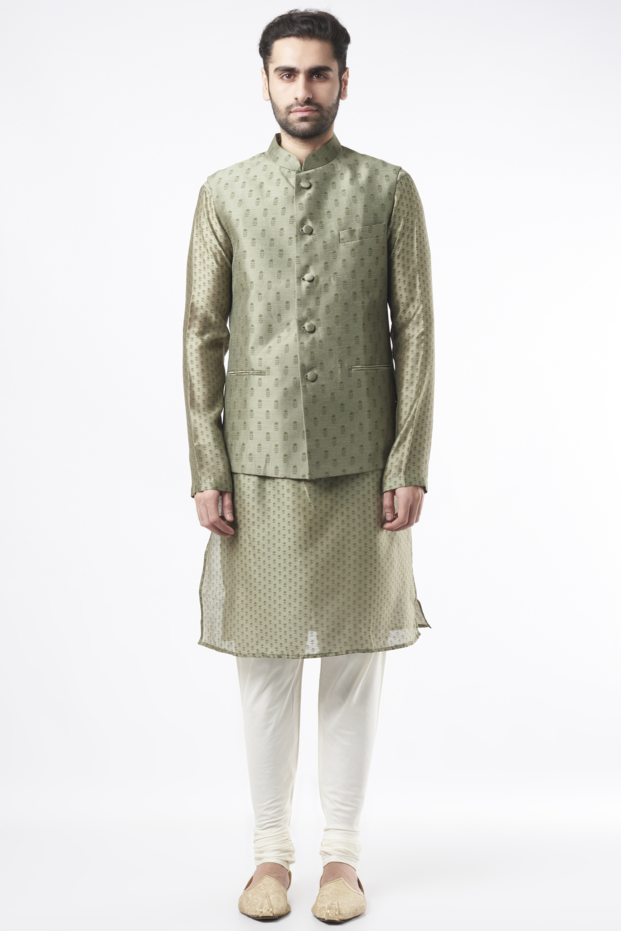 Dark Olive Kurta Set With Bundi Jacket by Ekam by Manish Gupta at Pernia's Pop Up Shop