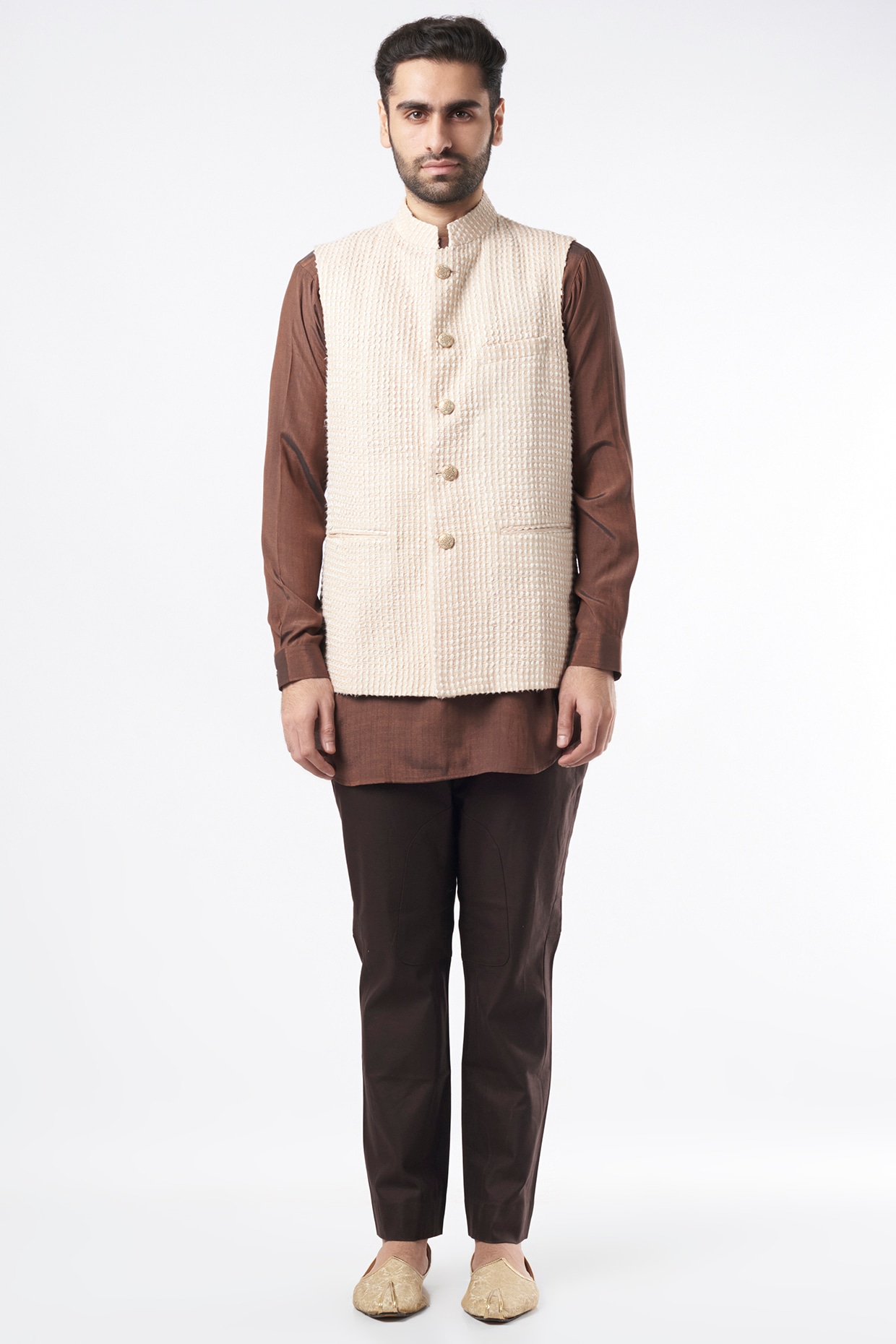 Ivory Bundi Jacket With Pant Set Design by Ekam by Manish Gupta at