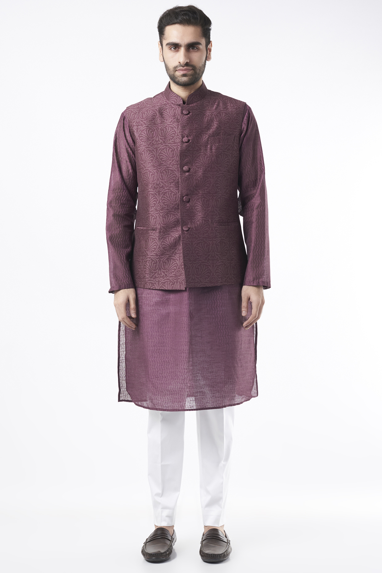 Dark Semi Silk Hand Khadi Printed Bundi Jacket Set by Ekam by Manish Gupta at Pernia's Pop Up Shop