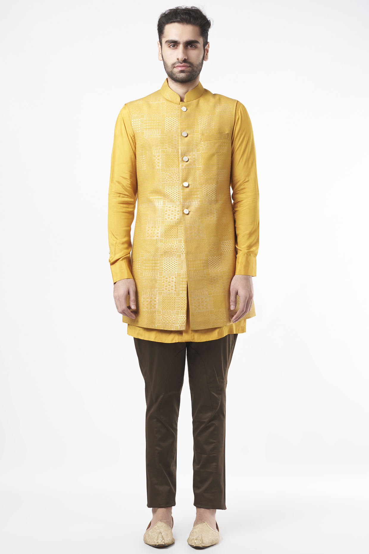 Marigold Semi Silk Hand Khadi Printed Bundi Jacket Set by Ekam by Manish Gupta at Pernia's Pop Up Shop