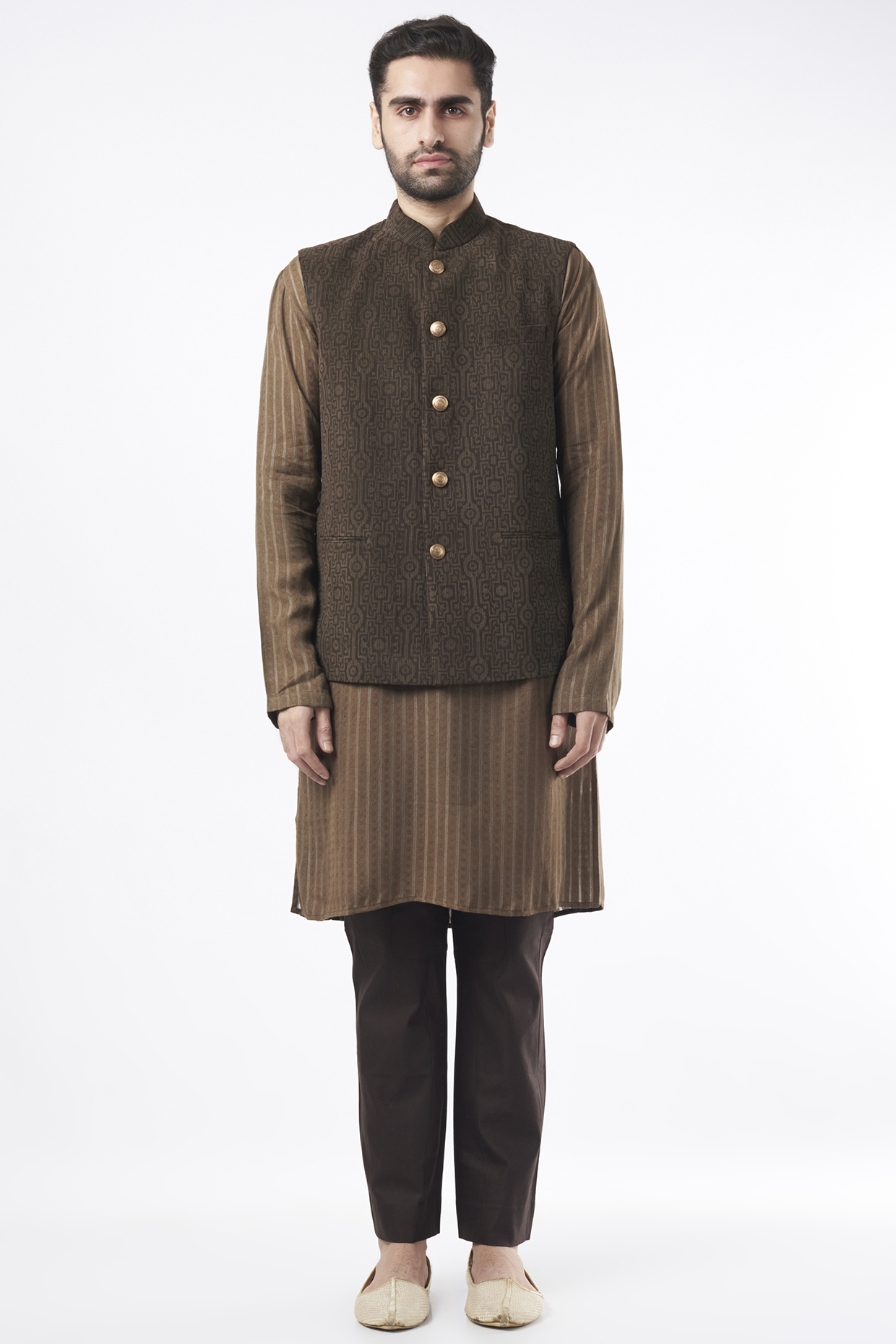 Brown Cotton Silk Hand Khadi Printed Bundi Jacket Set by Ekam by Manish Gupta at Pernia's Pop Up Shop