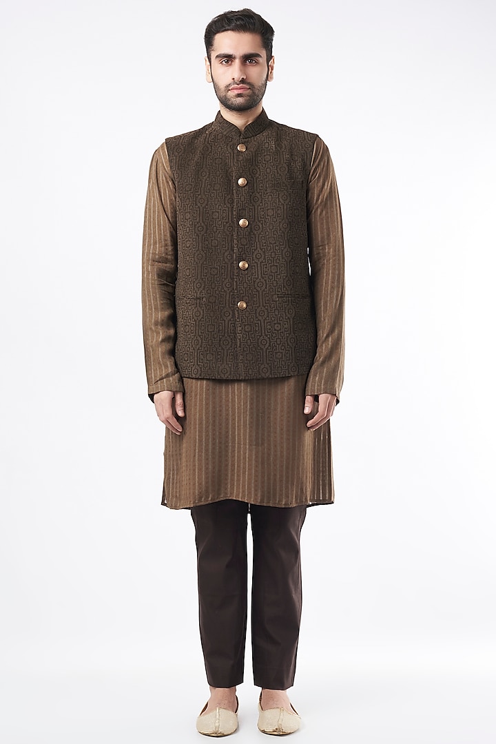 Brown Cotton Silk Hand Khadi Printed Bundi Jacket Set by Ekam by Manish Gupta at Pernia's Pop Up Shop