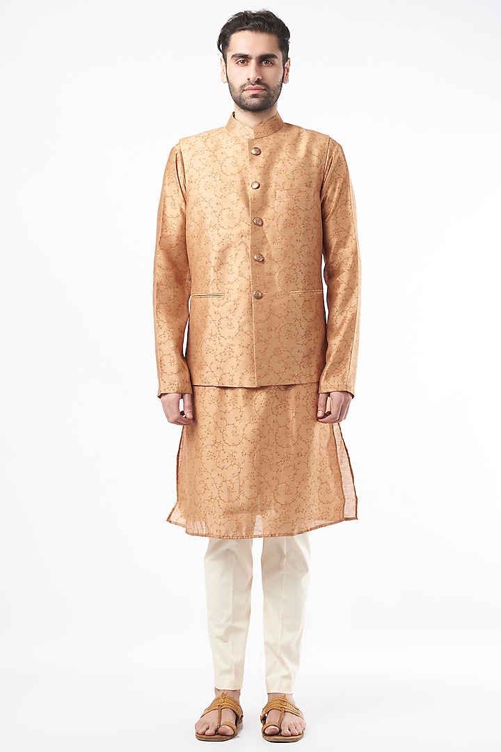 Rustic Gold Kurta Set With Bundi Jacket by Ekam by Manish Gupta
