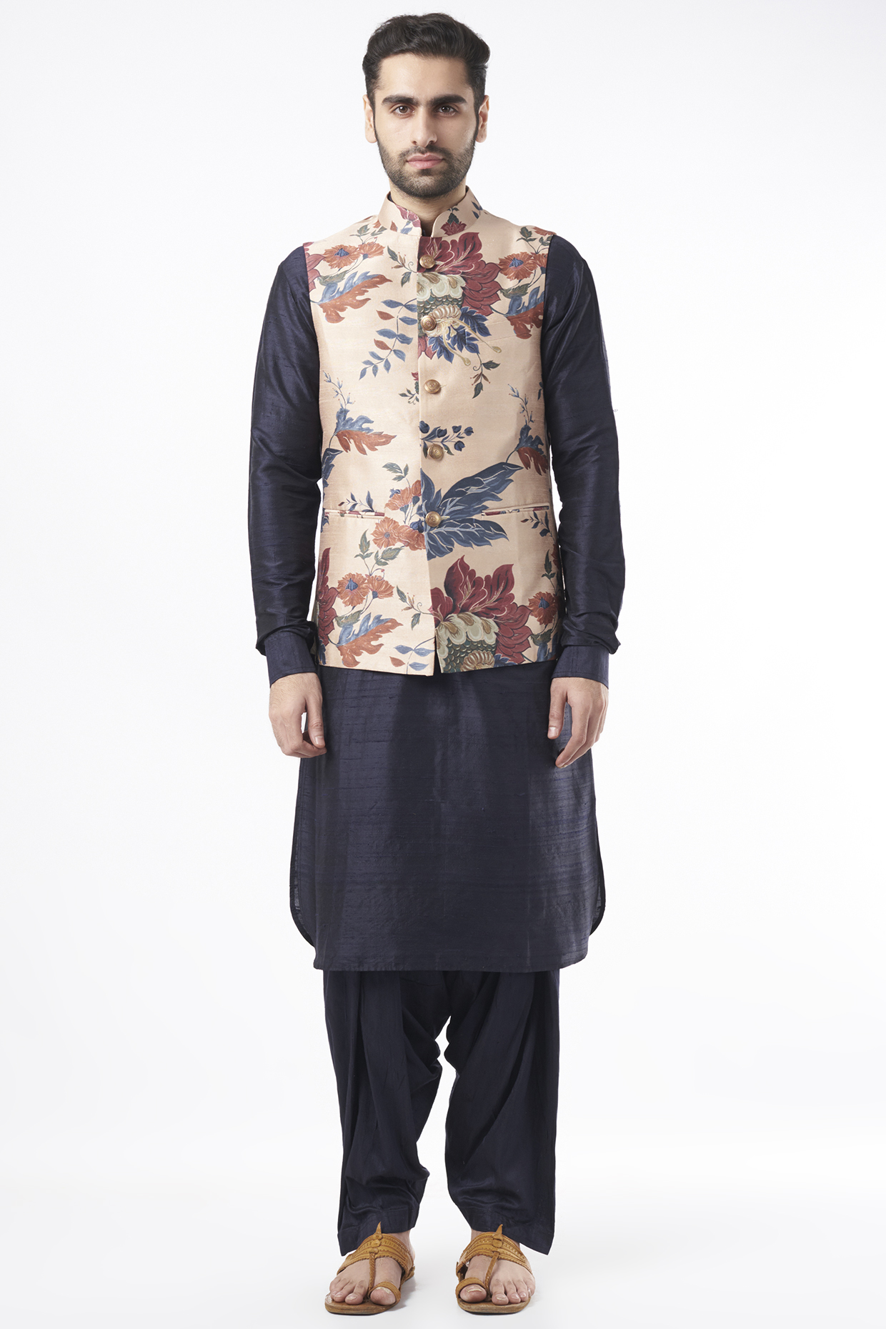 Blue Raw Silk Digital Printed Bundi Jacket Set by Ekam by Manish Gupta at Pernia's Pop Up Shop