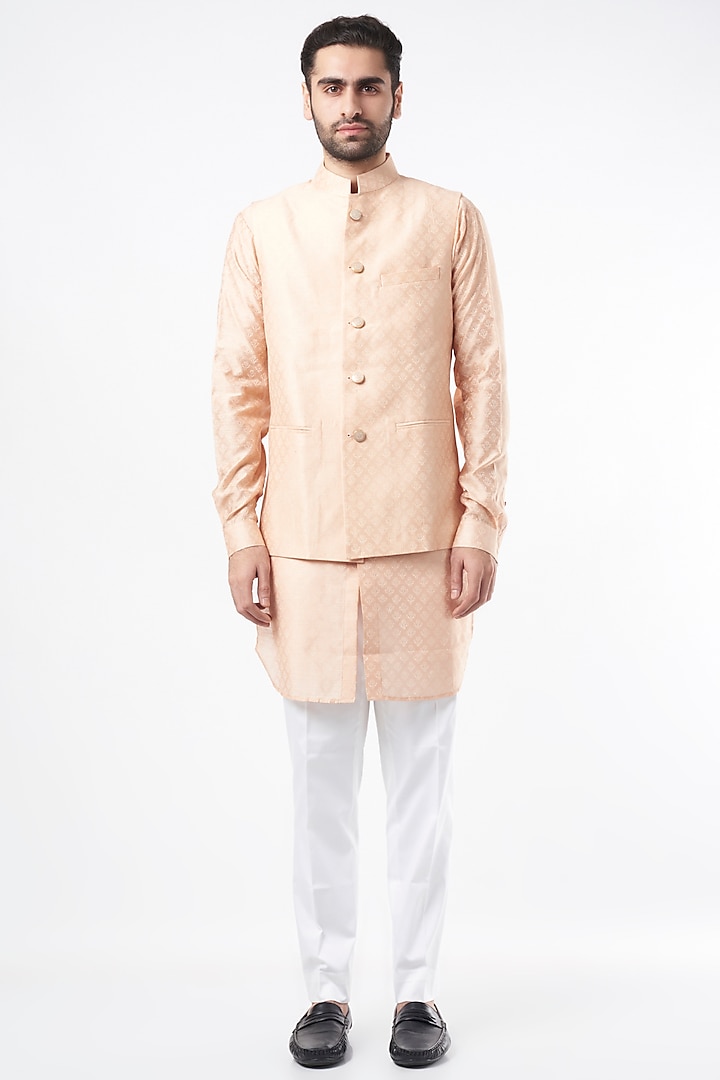 Peach Semi Silk Hand Printed Nehru Jacket Set by Ekam by Manish Gupta