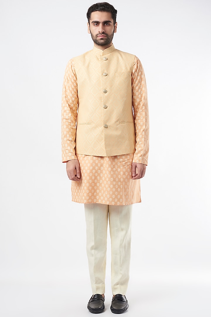 Peach Semi Silk Hand Printed Nehru Jacket Set by Ekam by Manish Gupta