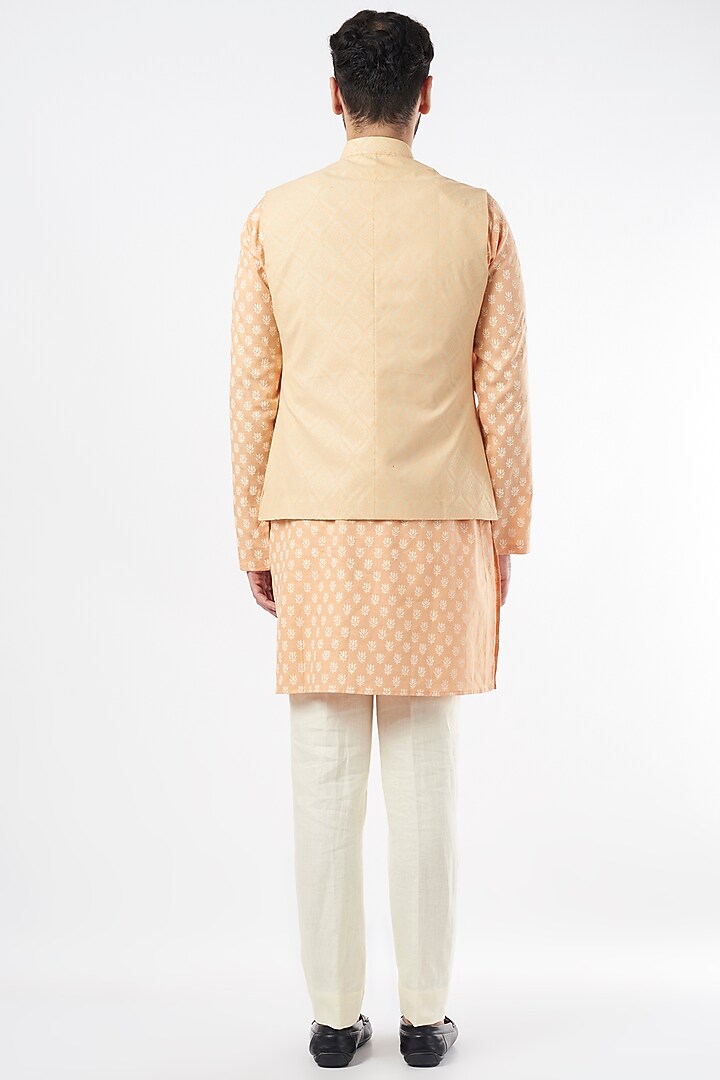 Peach Semi Silk Hand Printed Nehru Jacket Set by Ekam by Manish Gupta at Pernia's Pop Up Shop