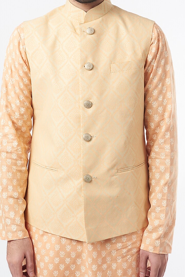 Peach Semi Silk Hand Printed Nehru Jacket Set by Ekam by Manish Gupta at Pernia's Pop Up Shop