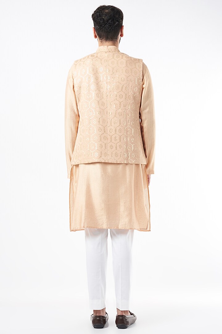 Dull Peach Tussar Block Printed Bundi Jacket by Ekam by Manish Gupta at Pernia's Pop Up Shop