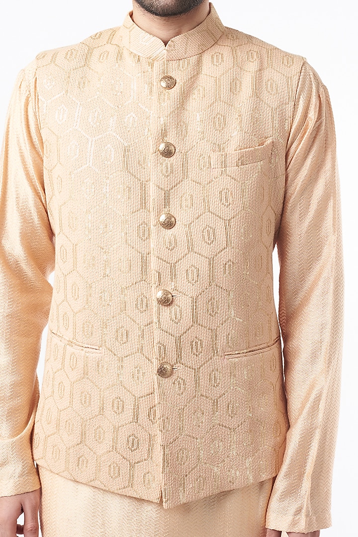 Dull Peach Tussar Block Printed Bundi Jacket by Ekam by Manish Gupta at Pernia's Pop Up Shop
