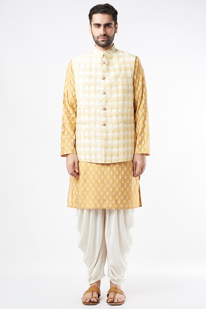 Ivory Semi Silk Printed Bundi Jacket Set by Ekam by Manish Gupta