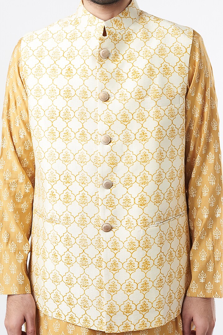 Ivory Semi Silk Printed Bundi Jacket Set by Ekam by Manish Gupta at Pernia's Pop Up Shop