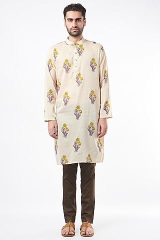 Beige Block Printed Kurta Set by Ekam by Manish Gupta