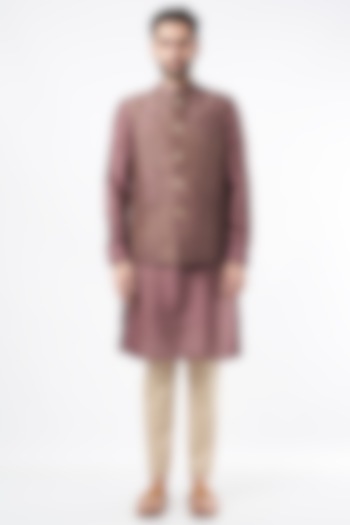 Dark Onion Semi Silk Khadi Printed Bundi Jacket Set by Ekam by Manish Gupta