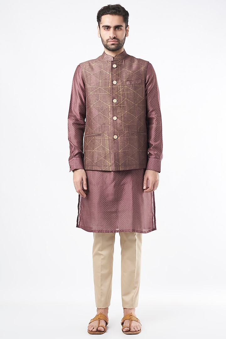 Dark Onion Semi Silk Khadi Printed Bundi Jacket Set by Ekam by Manish Gupta