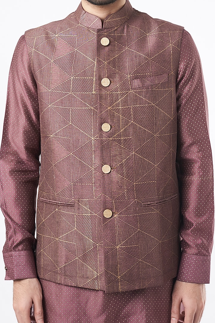 Dark Onion Semi Silk Khadi Printed Bundi Jacket Set by Ekam by Manish Gupta at Pernia's Pop Up Shop