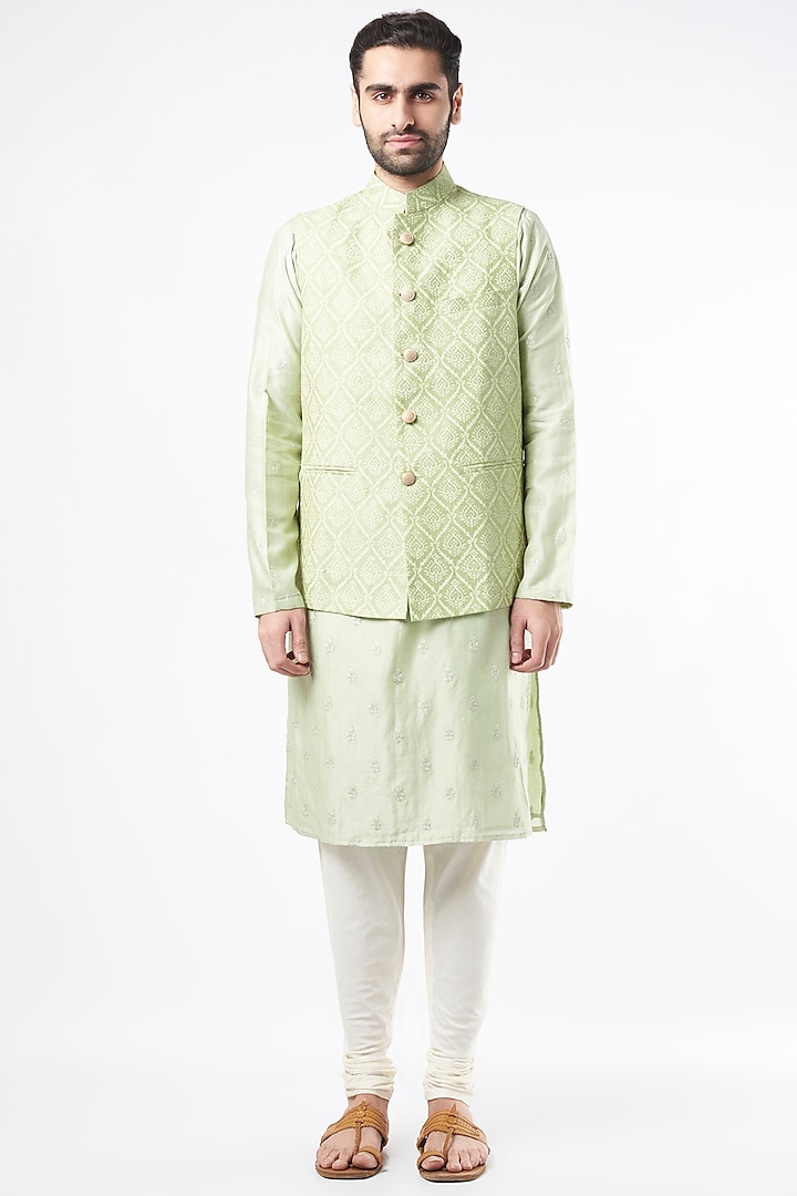 Mint Kurta Set With Bundi Jacket by Ekam by Manish Gupta