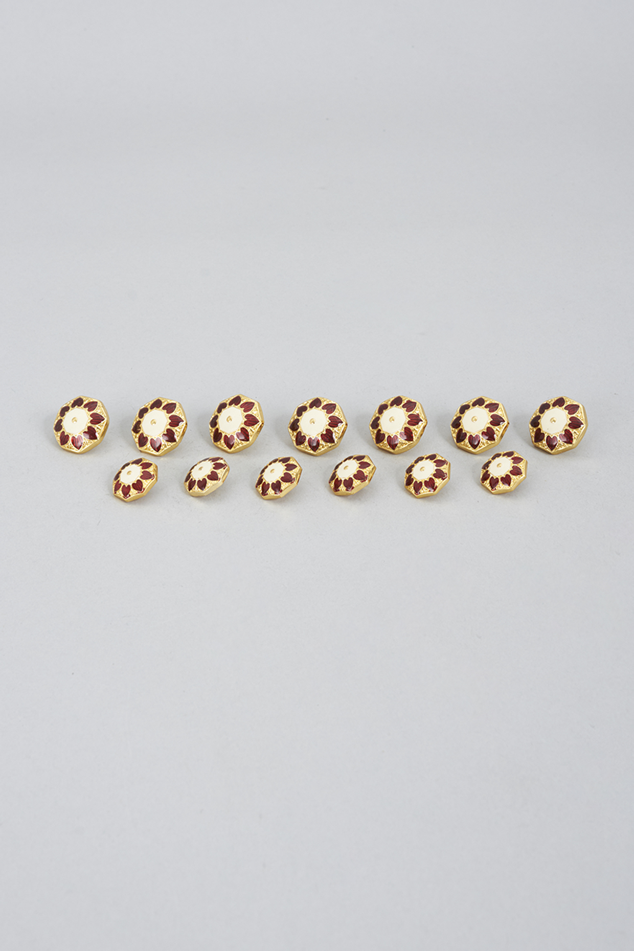 White & Red Brass Meenakari Buttons (Set of 13) by Ekam by Manish Gupta at Pernia's Pop Up Shop
