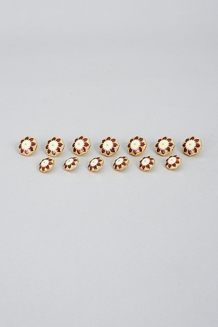 White & Red Brass Meenakari Buttons (Set of 13) by Ekam by Manish Gupta at Pernia's Pop Up Shop