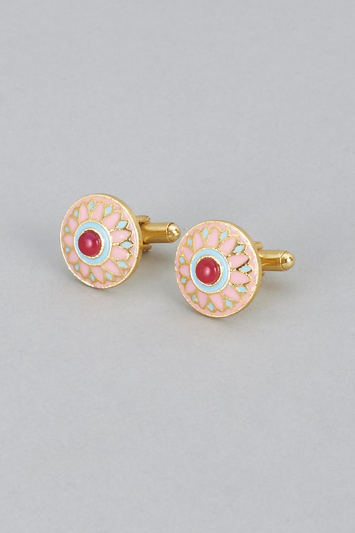Pink & Blue Brass Cufflinks (Set of 2) by Ekam by Manish Gupta at Pernia's Pop Up Shop