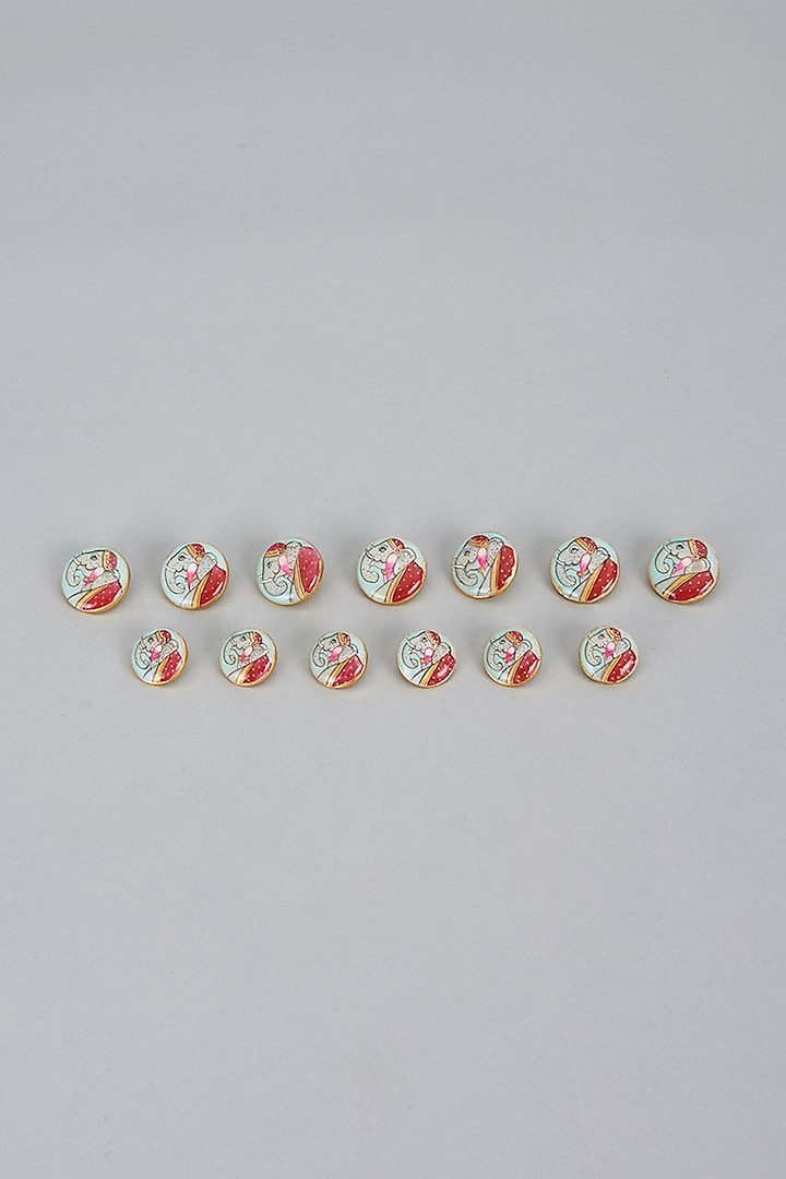 Red & Blue Brass Meenakari Buttons (Set of 13) by Ekam by Manish Gupta at Pernia's Pop Up Shop