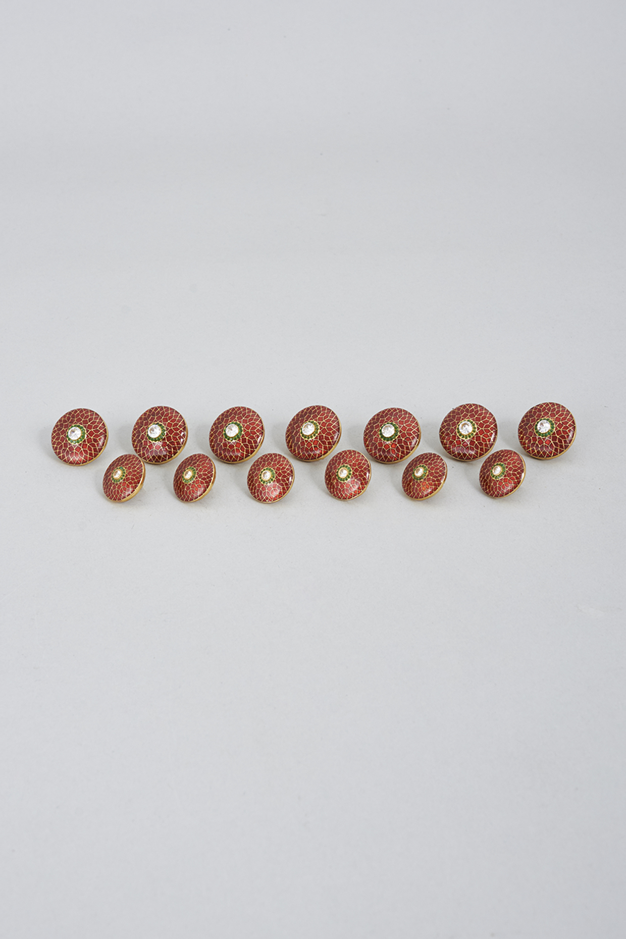 Red Brass Meenakari Buttons (Set of 13) by Ekam by Manish Gupta at Pernia's Pop Up Shop