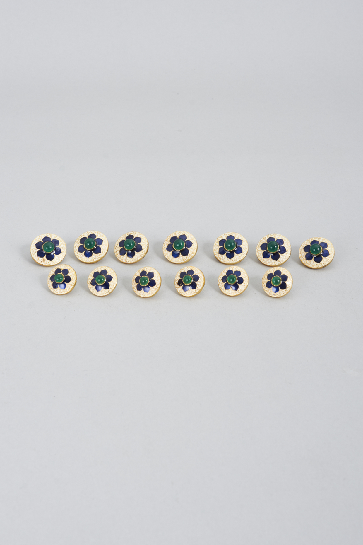 White & Blue Brass Meenakari Buttons (Set of 13) by Ekam by Manish Gupta at Pernia's Pop Up Shop