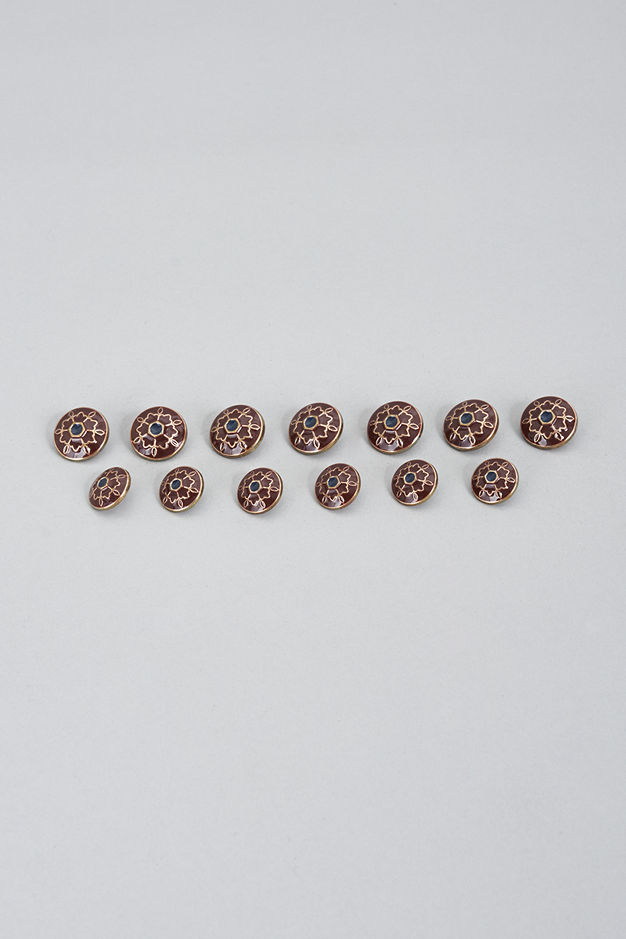 Maroon Brass Meenakari Buttons (Set of 13) by Ekam by Manish Gupta at Pernia's Pop Up Shop