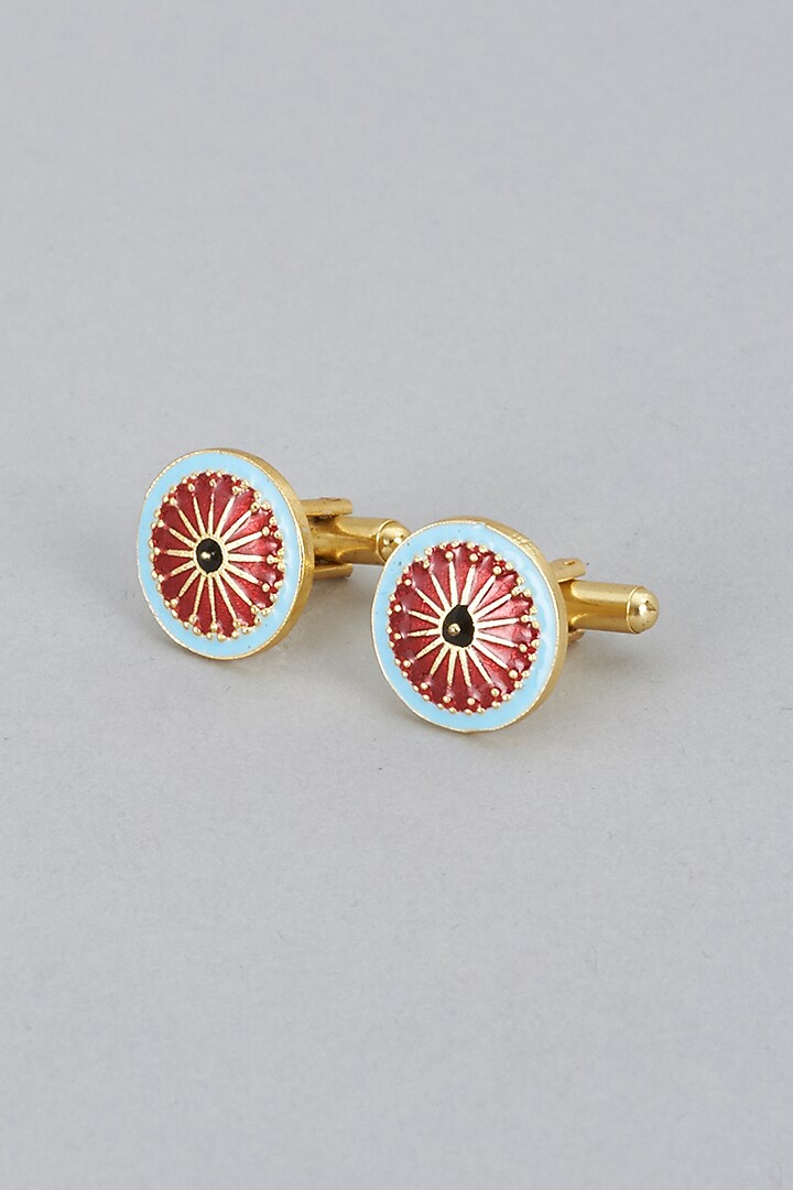 Red & Light Blue Brass Cufflinks (Set of 2) by Ekam by Manish Gupta at Pernia's Pop Up Shop