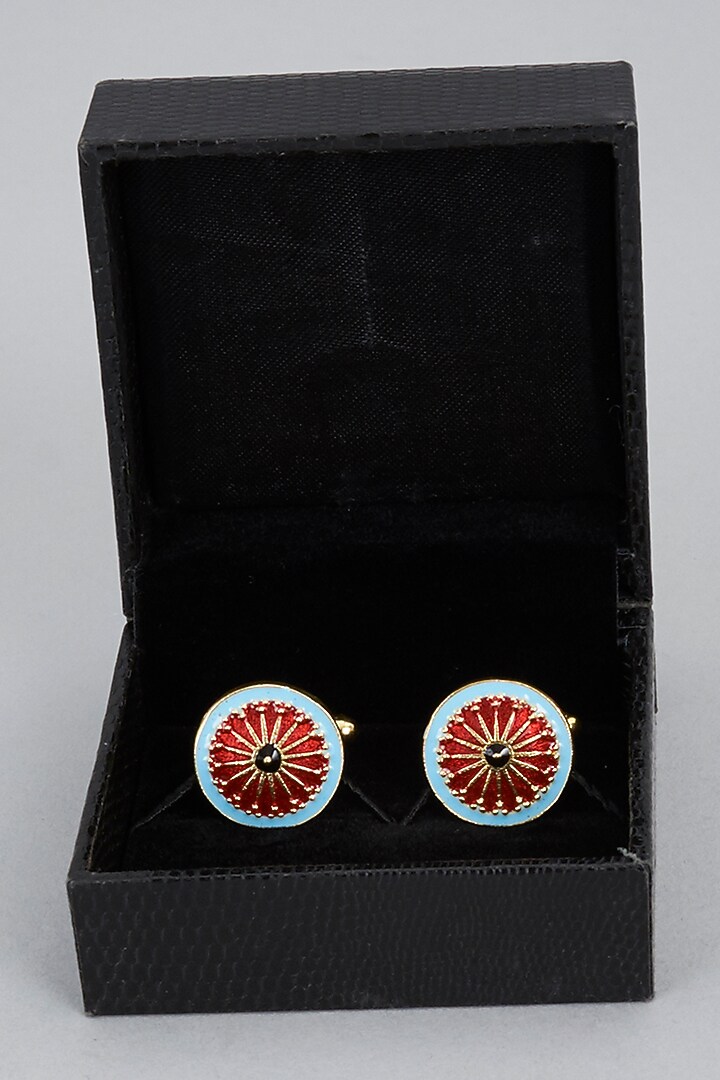 Red & Light Blue Brass Cufflinks (Set of 2) by Ekam by Manish Gupta at Pernia's Pop Up Shop