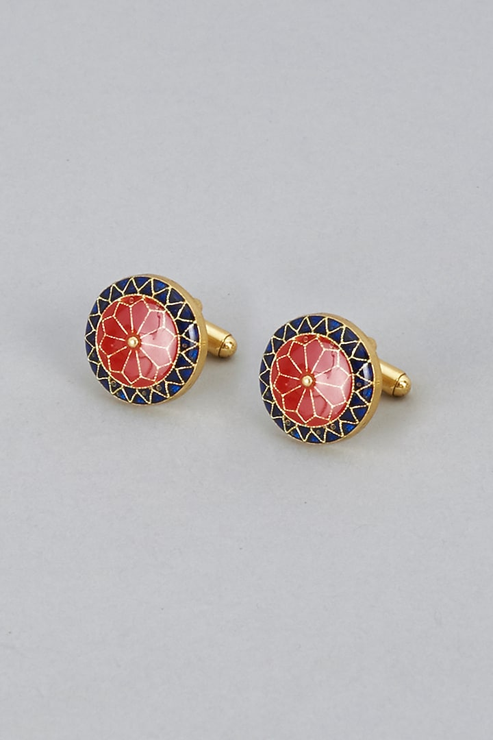 Red & Blue Brass Cufflinks (Set of 2) by Ekam by Manish Gupta at Pernia's Pop Up Shop