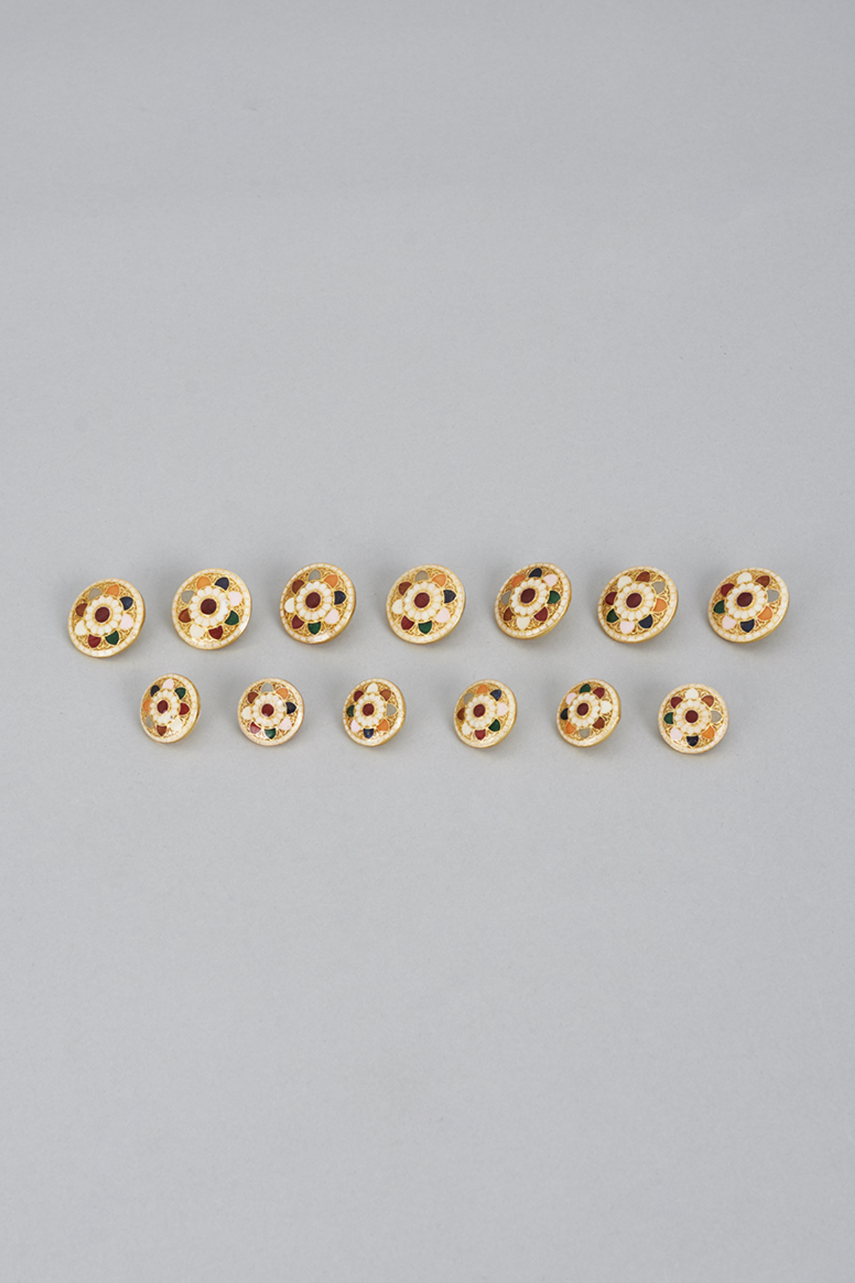 Multi-Colored Meenakari Buttons (Set of 13) by Ekam by Manish Gupta at Pernia's Pop Up Shop