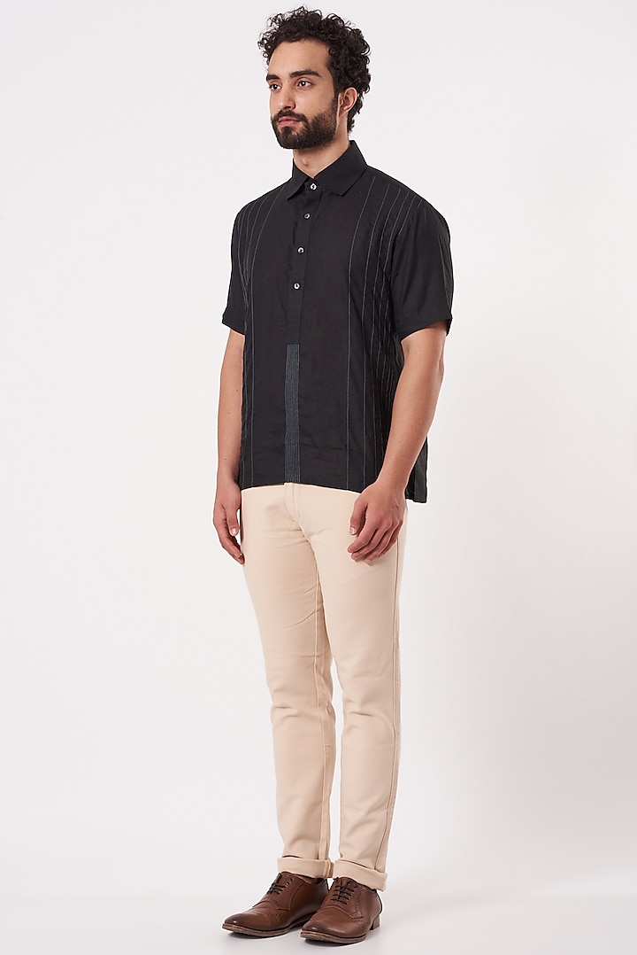 Black Linen Pull Over Shirt by Ekam by Manish Gupta