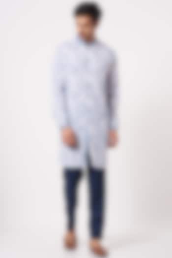 White & Blue Cotton Linen Long Party Wear Shirt by Ekam by Manish Gupta at Pernia's Pop Up Shop