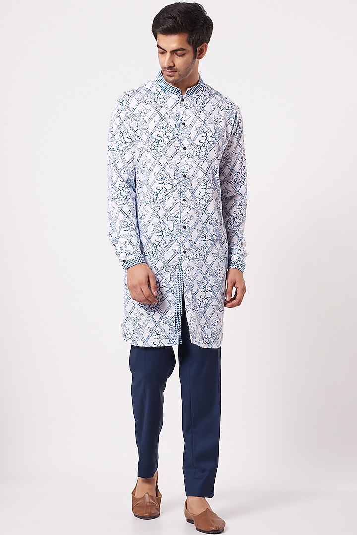 White & Blue Cotton Linen Long Party Wear Shirt by Ekam by Manish Gupta at Pernia's Pop Up Shop