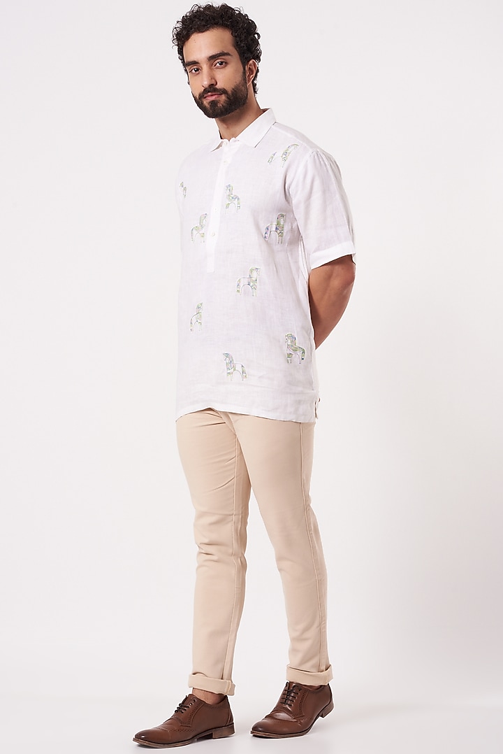 White Linen Machine Embroidered Party Wear Shirt by Ekam by Manish Gupta at Pernia's Pop Up Shop