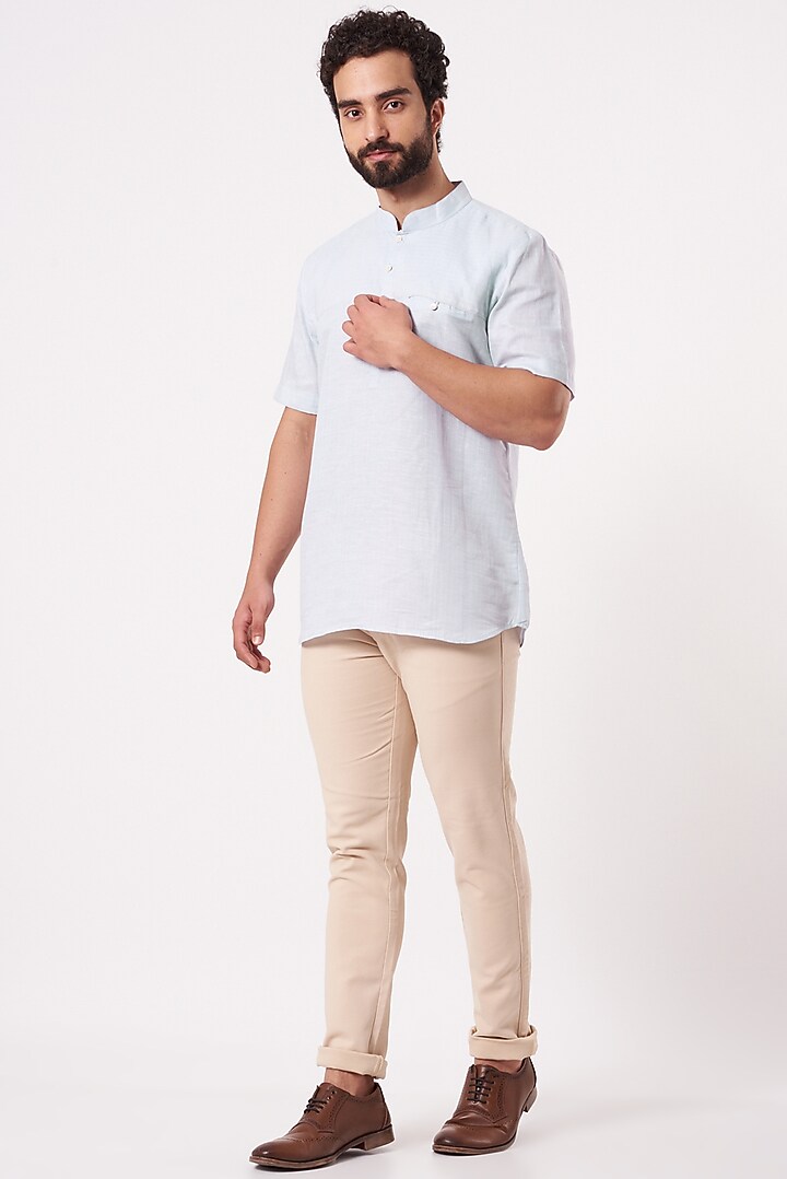 Powder Blue Cotton Linen Pull Over Party Wear Shirt by Ekam by Manish Gupta at Pernia's Pop Up Shop