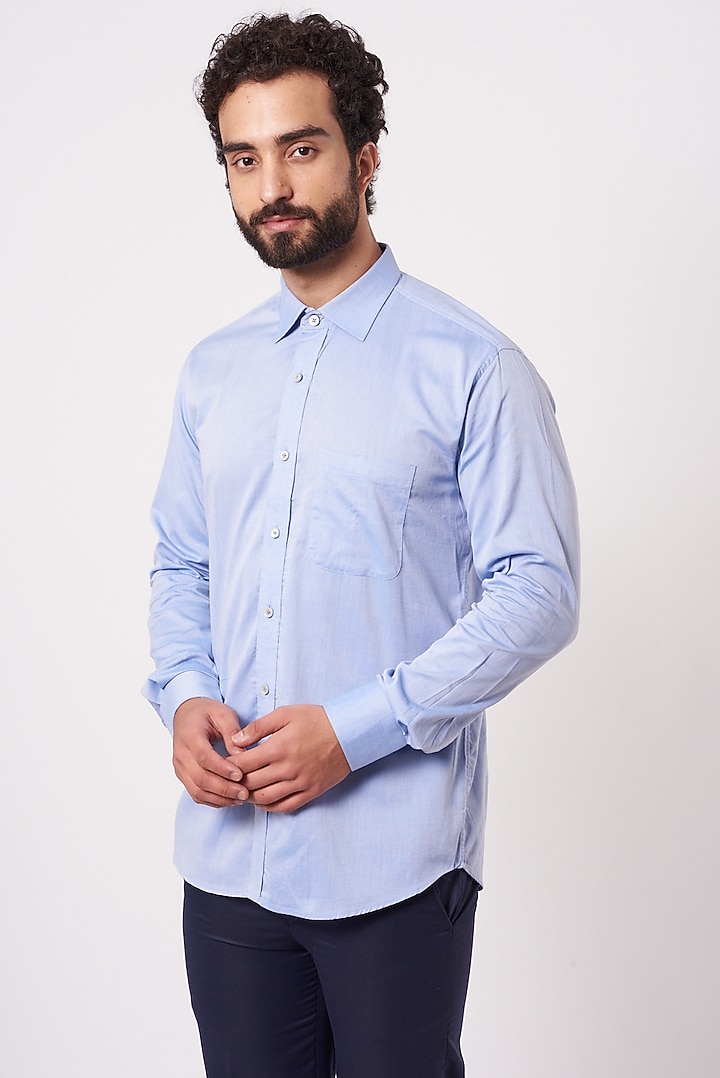 Powder Blue Chambray Cotton Party Wear Shirt by Ekam by Manish Gupta at Pernia's Pop Up Shop