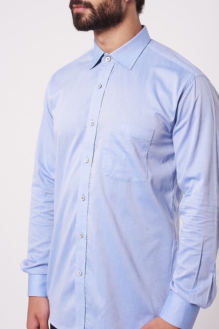 Powder Blue Chambray Cotton Party Wear Shirt by Ekam by Manish Gupta at Pernia's Pop Up Shop